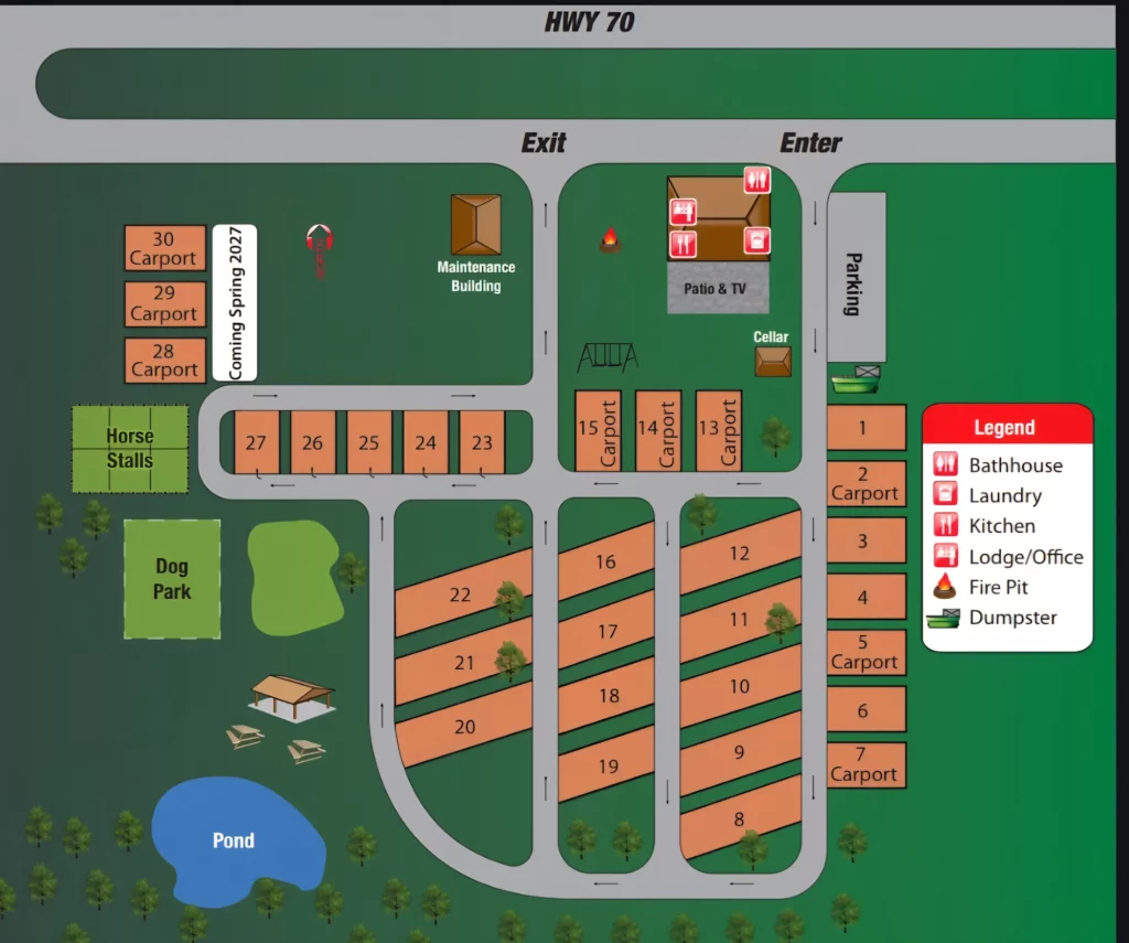 Longhorn Landing RV Park site map showing 30 RV sites, carport sites, the lodge, horse stalls, dog park and pond off Hwy 70