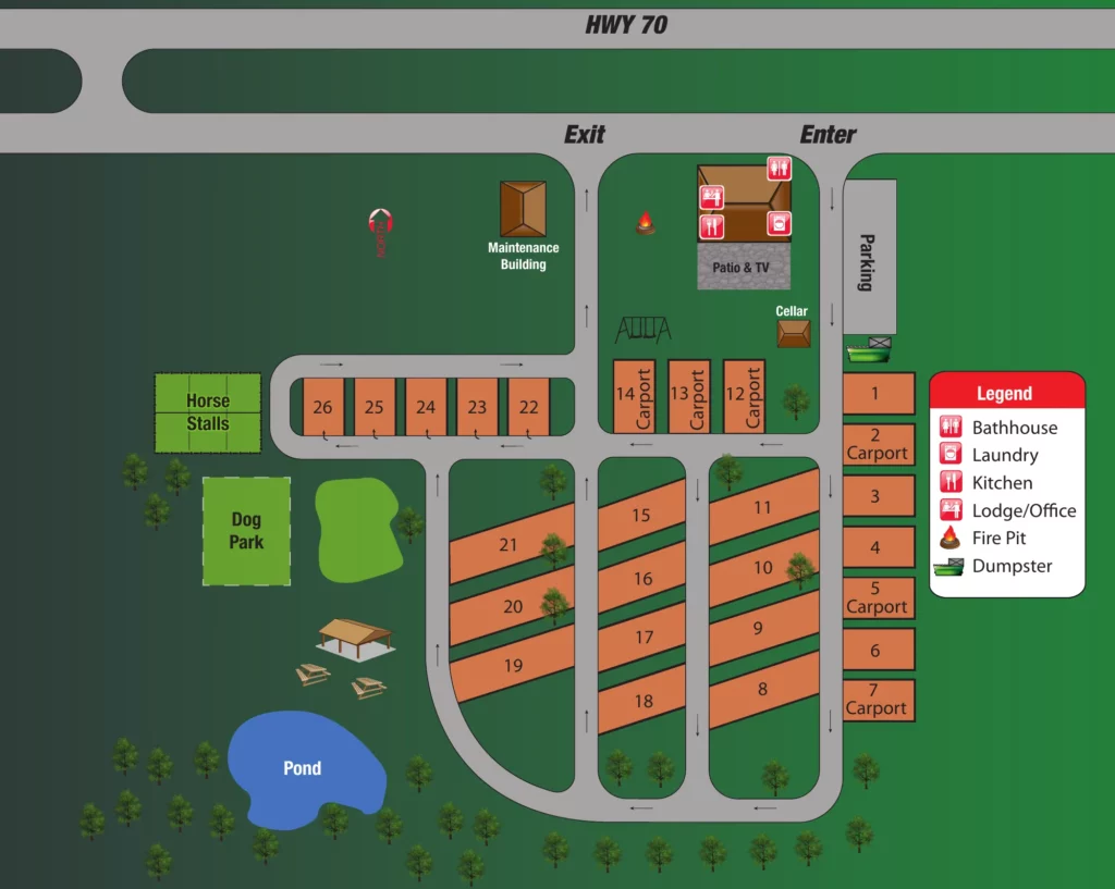 Longhorn Landing RV Park site map showing 26 RV sites, carport sites, the lodge, horse stalls, dog park and pond off Hwy 70