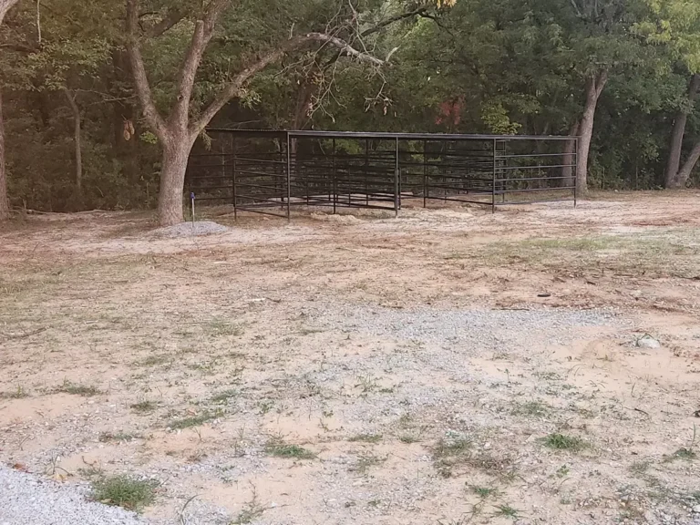 Metal-panel horse stalls in the shade of tall trees at Longhorn Landing RV Park